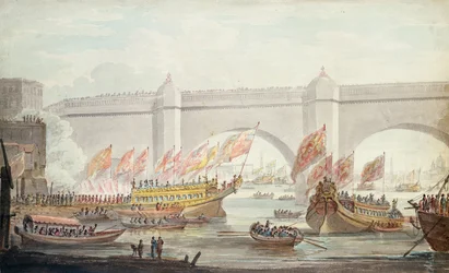 Il sindaco che sbarca a Westminster, con una veduta del ponte, 1840